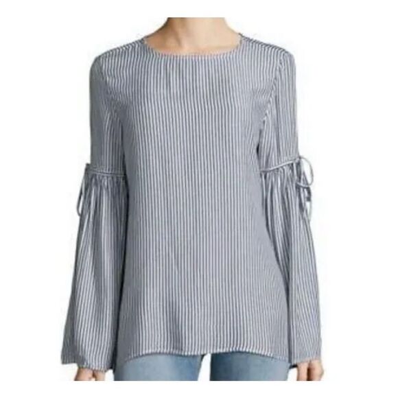Beach Lunch Lounge Womens Blue White Striped Flowy Top Bell Sleeve Size L - Picture 1 of 8